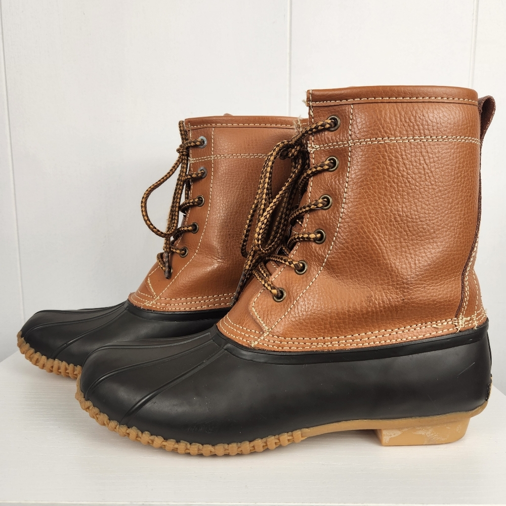 Khombu Lauren Duck Boots Rain Womens 8 Tan Brown Leather Lace-Up Fleece Lining